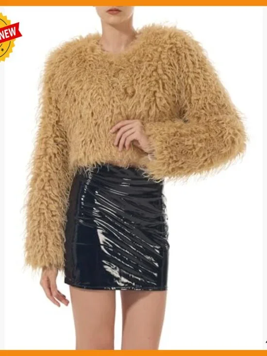 Cropped Faux Fur Jacket Long Sleeve Open Front Cardigan Winter Coat - Picture 4 of 7